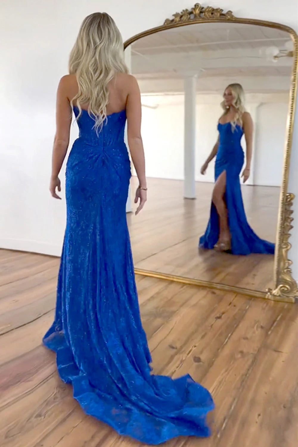 Mermaid Gorgeous Strapless Sweep Train Lace Prom Dress With Slit