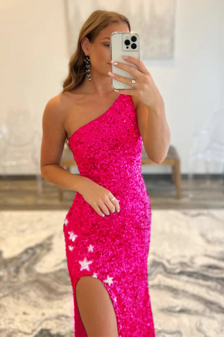 Sparkle Sequin One Shoulder Mermaid Backless Split Prom Dress With Star