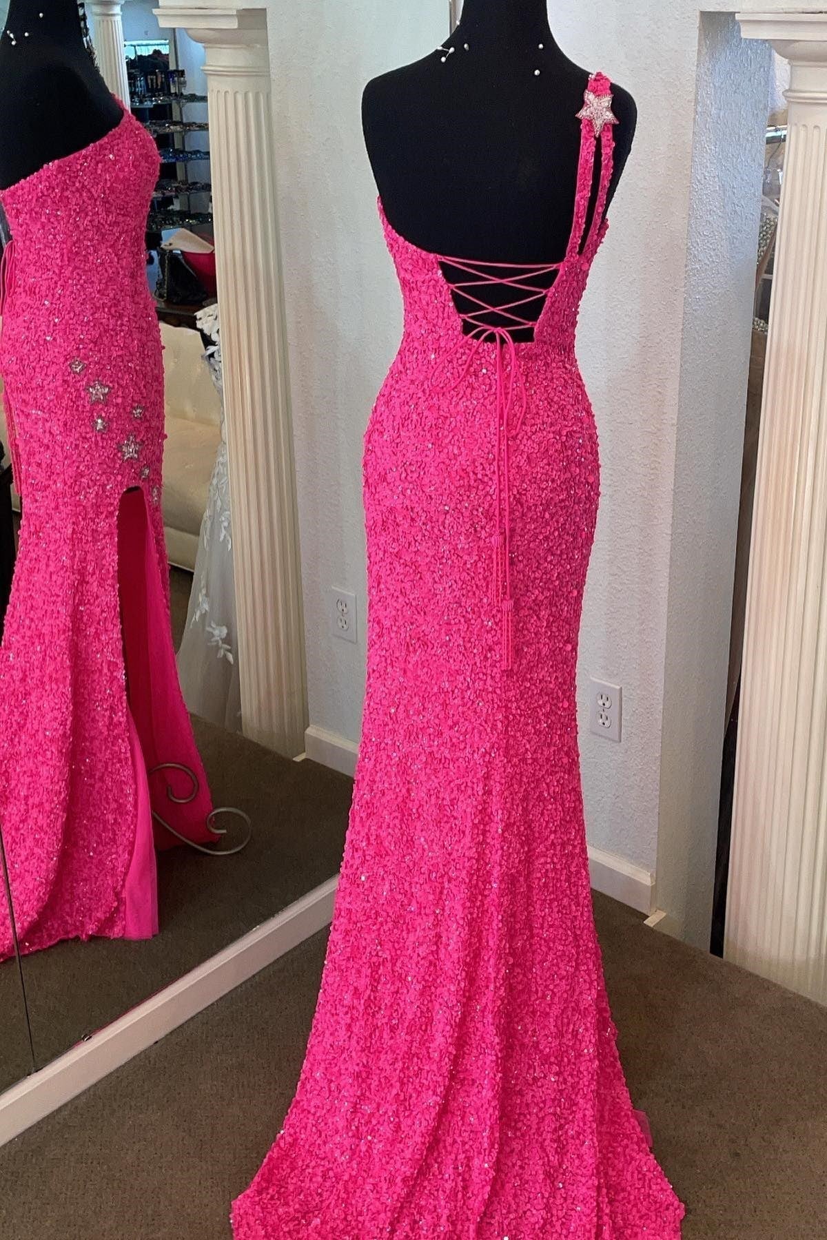 Sparkle Sequin One Shoulder Mermaid Backless Split Prom Dress With Star