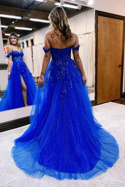 A Line Off The Shoulder Appliques Long Tulle Prom Dress with Slit