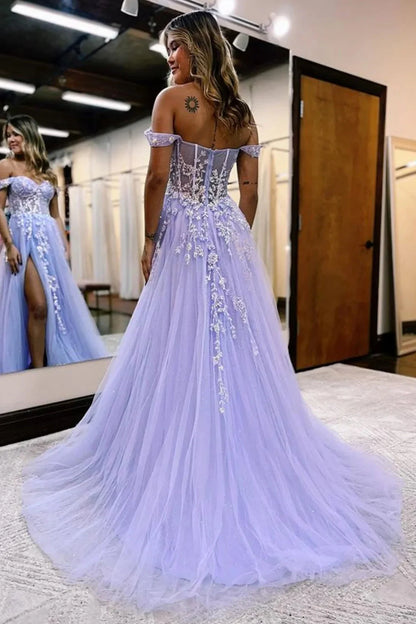 A Line Off The Shoulder Appliques Long Tulle Prom Dress with Slit