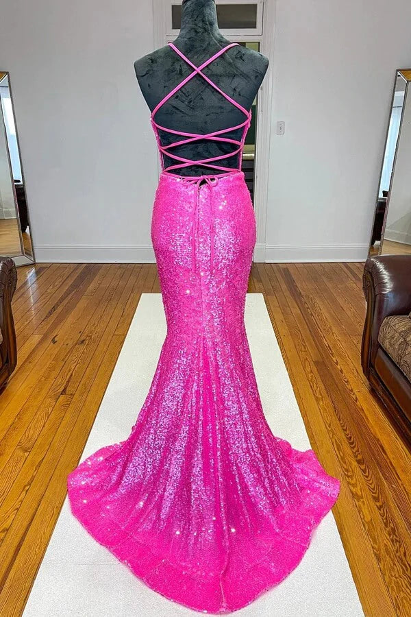 Mermaid Prom Dresses Sparkly Sequins V-neck With Spaghetti Straps