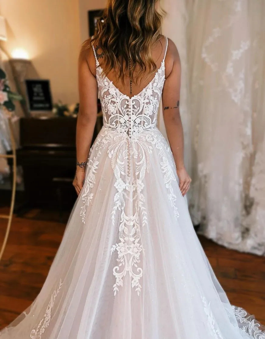 A-Line Appliques Train Wedding Dress