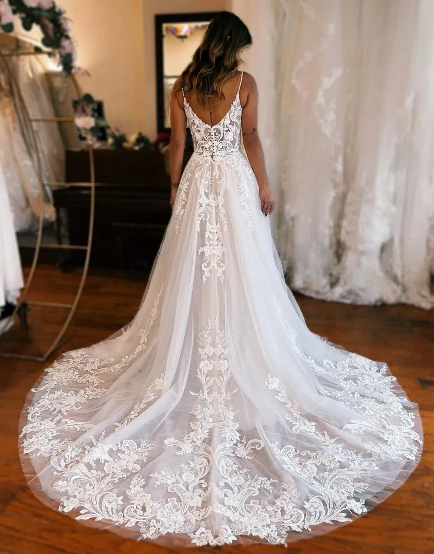 A-Line Appliques Train Wedding Dress