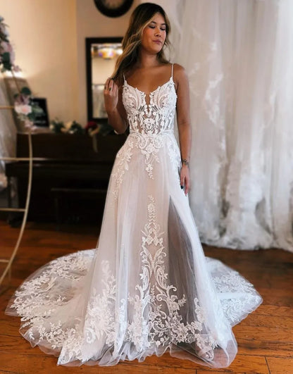 A-Line Appliques Train Wedding Dress