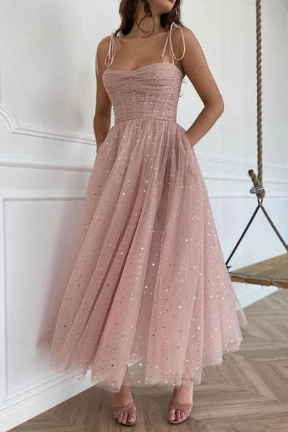 Straps Tea Length Prom Dresses Tulle Homecoming Dresses