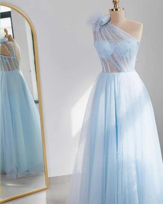 A-line Tulle One Shoulder Prom Dresses