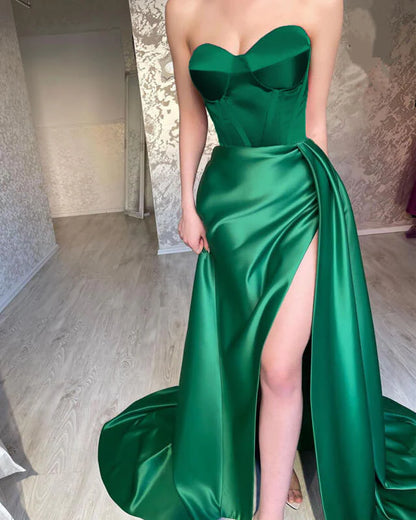 Mermaid Long  Satin Corset Dress Prom Dresses With Slit