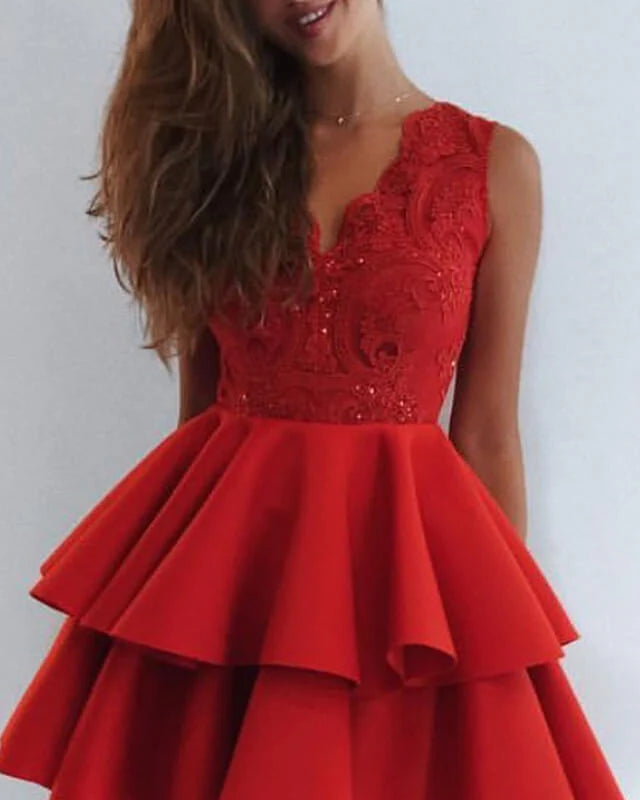 A-line Short Lace V Neck Ruffles Satin Cocktail Dress Homecoming Dresses