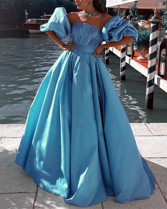 A-line Satin Removable Sleeve Ball Gown Prom Dresses