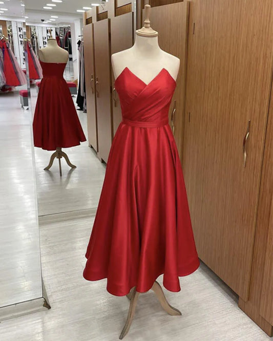 A-line Strapless Midi Satin Prom Dresses