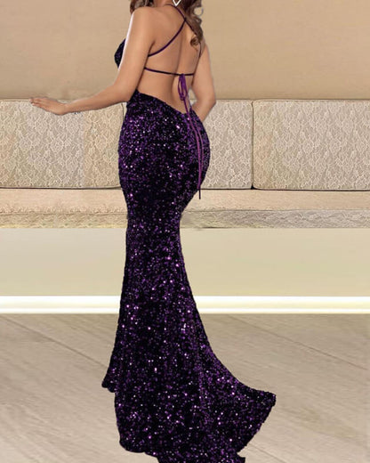 Mermaid Sequin Dress V-neck Cross Back Prom Dresses