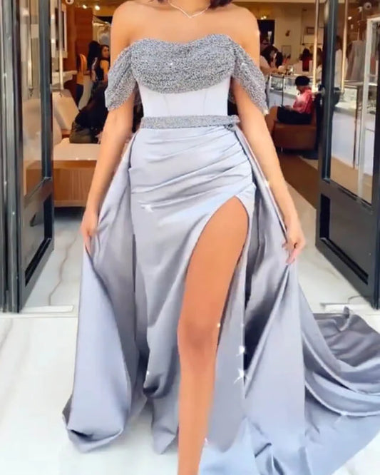 Mermaid Satin Off Shoulder Prom Dresses With Slit