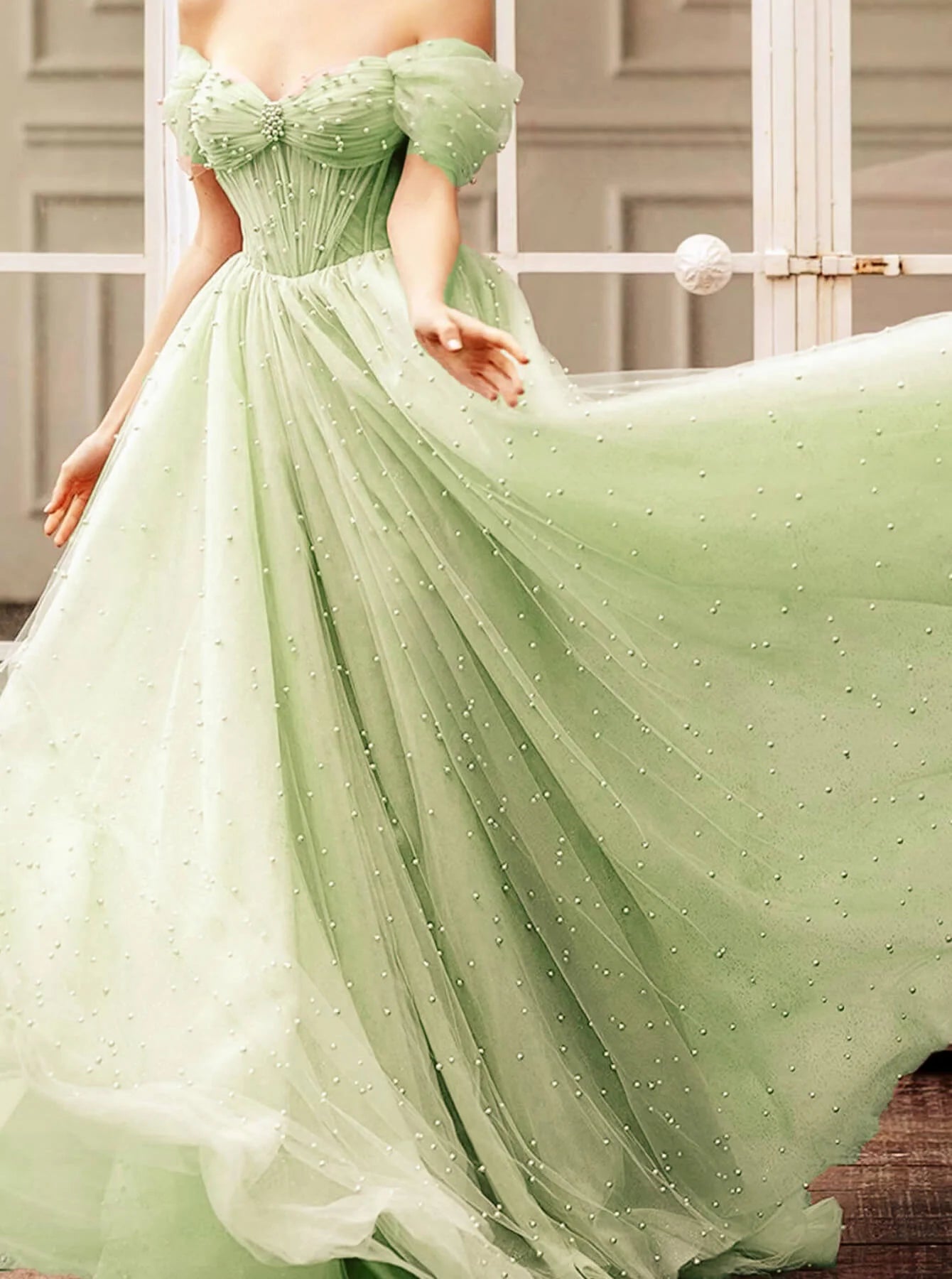 A-line Beaded Tulle V-neck Off Shoulder Prom Dresses