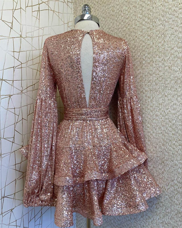 Sparkly Long Sleeve V-neck Sequin Prom Dresses