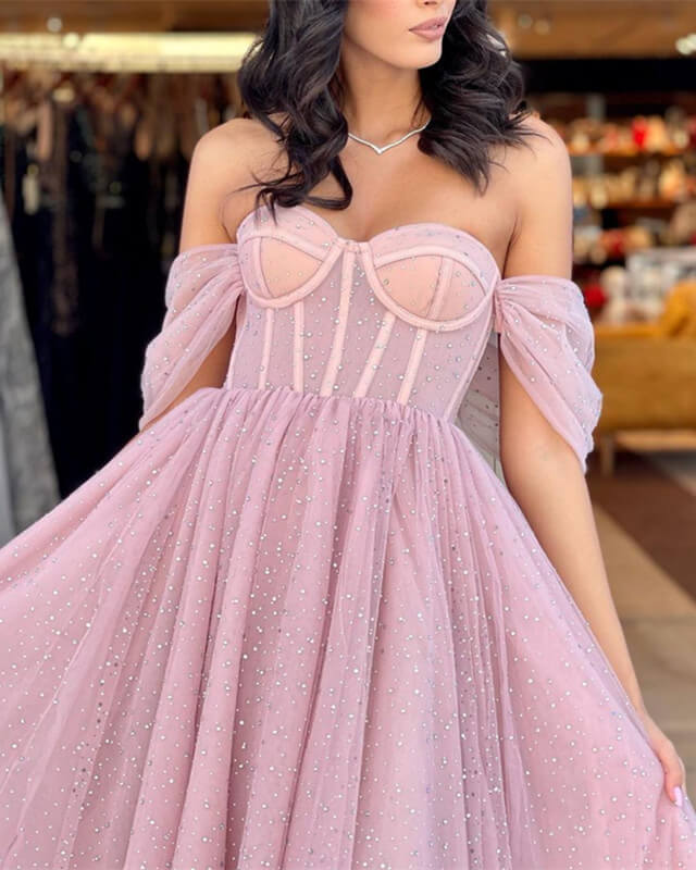 A-line Beaded Tulle Corset Midi Dress Prom Dresses