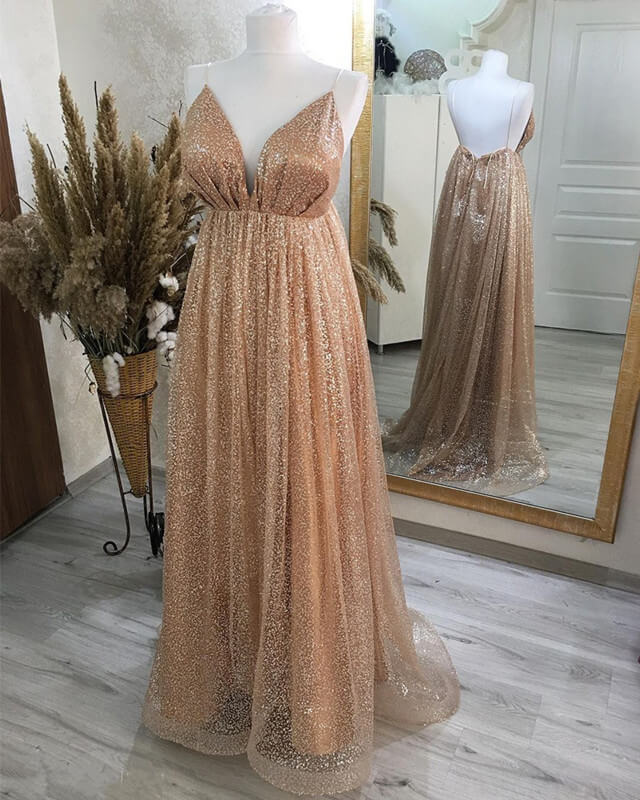 A-line Sparkly Plunging Neck Open Back Dress Prom Dresses