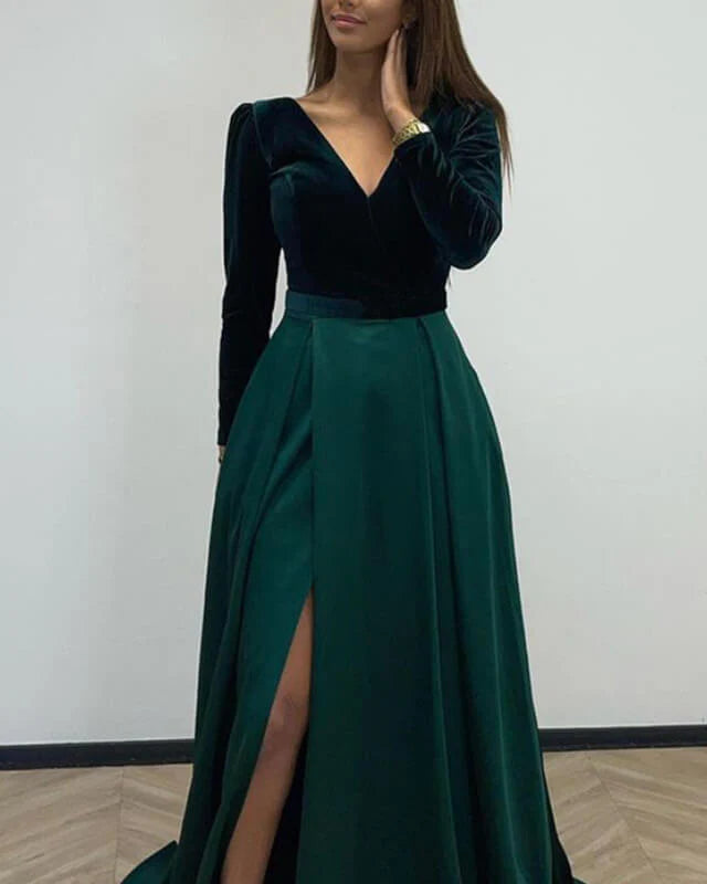 A-line Velvet Long Sleeve Satin Prom Dresses With Split