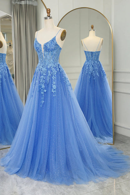 A Line Tulle Appliques Long Prom Dress