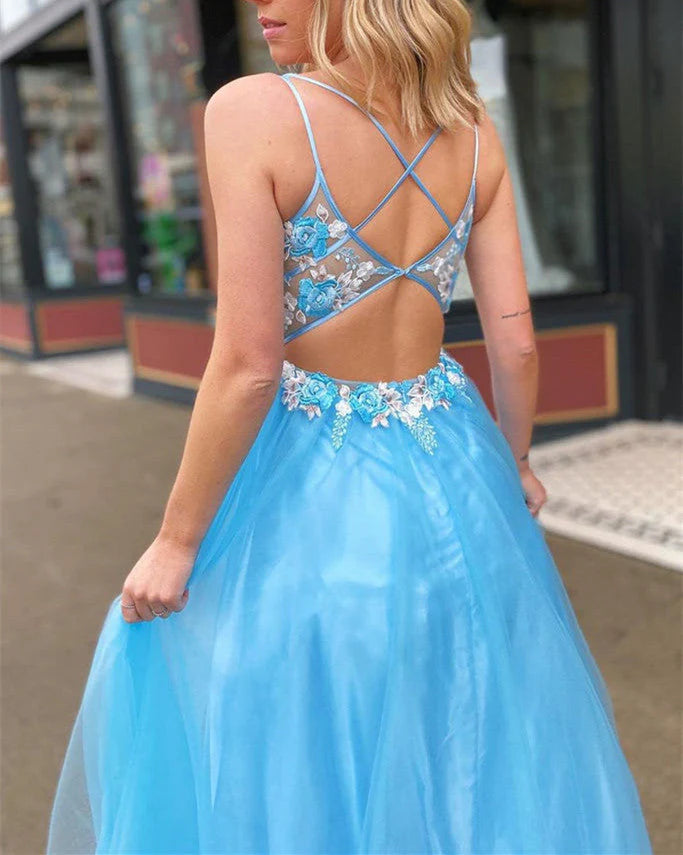 A Line Tulle V Neck With Applique Open Back Prom Dresses