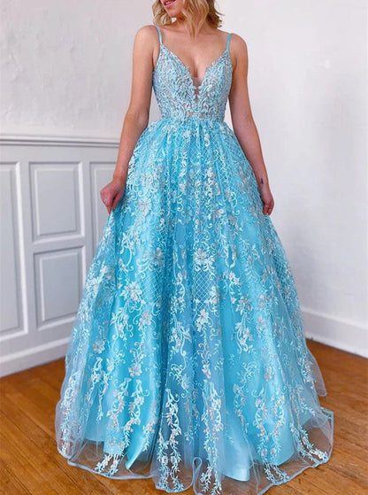 A Line Tulle V Neck With Applique Open Back Prom Dresses