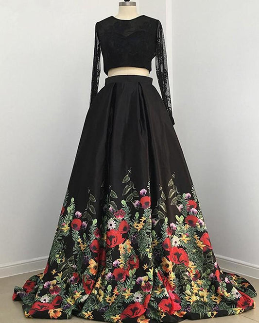 Two Piece Lace Floral Print Sexy Open Back Long Sleeve High Neck Prom Dresses