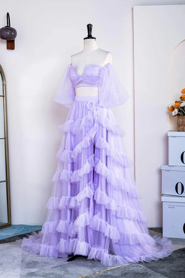 Two Piece Off the Shoulder Ruffles Prom Dress with Slit