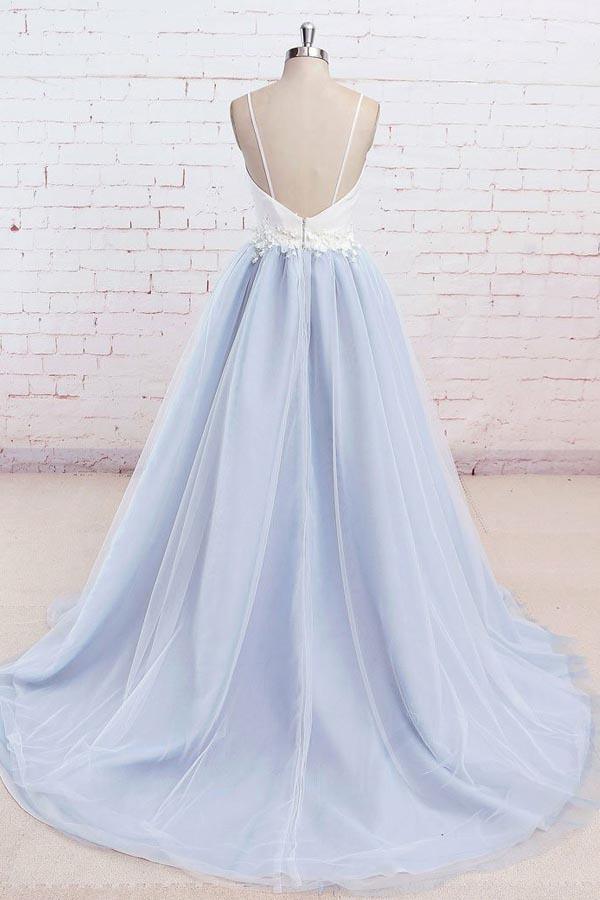 Tulle Spaghetti Straps Sweep Train Backless Prom Dress