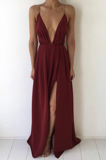 V-neck Spaghetti Strap Front Split  Prom Dress