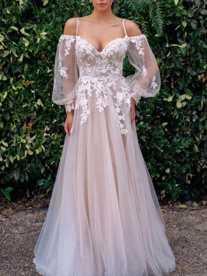 Tulle Two-Pieces Long Sleeves Prom Dresses With Appliques