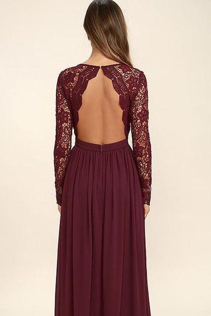 V-neck Long Sleevs Lace Chiffon Prom Dress