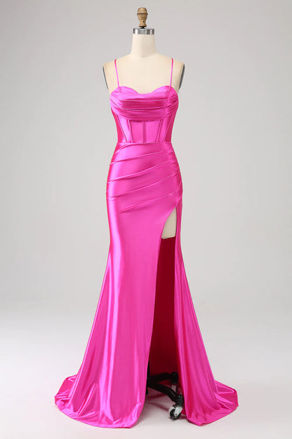 Mermaid Spaghetti Straps Fuchsia Corset Prom Dress with Split Front