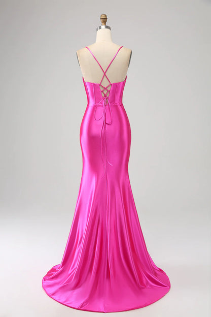 Mermaid Spaghetti Straps Fuchsia Corset Prom Dress with Split Front