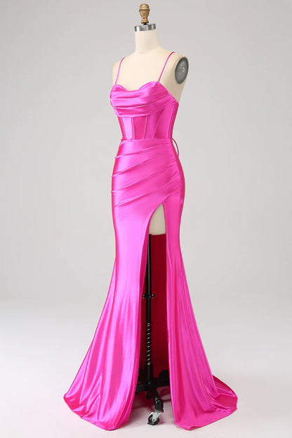 Mermaid Spaghetti Straps Fuchsia Corset Prom Dress with Split Front