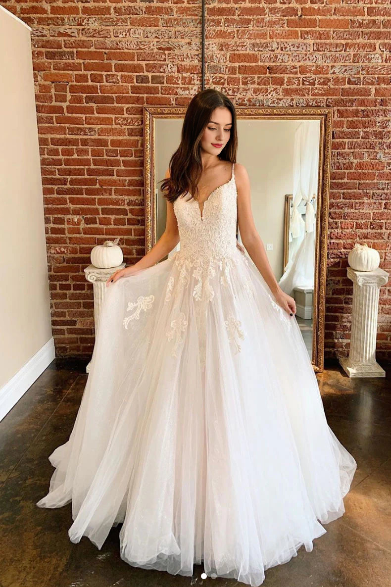 A-line tulle lace long tulle lace Wedding Dresses