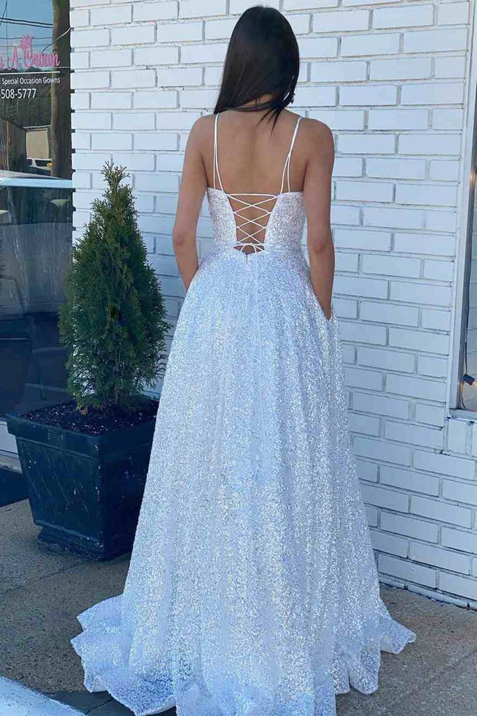 Open Back Long Prom Dresses Sequins Pocket Evening Dress