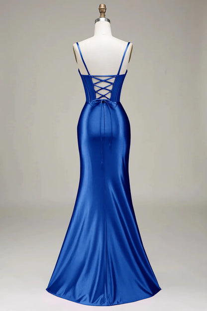 Simple Mermaid Spaghetti Straps Corset Prom Dress with Split Front