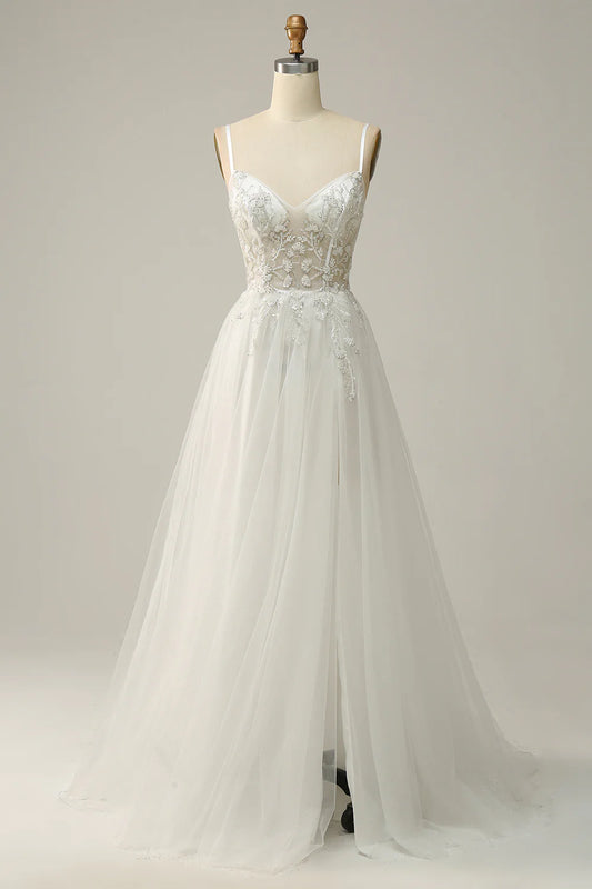 A Line Spaghetti Straps Long Bridal Dress with Appliques