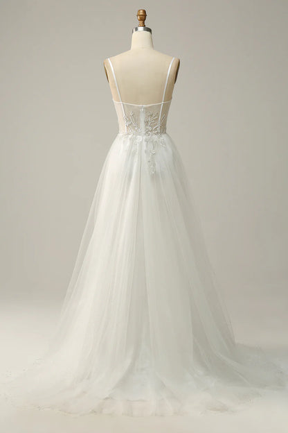 A Line Spaghetti Straps Long Bridal Dress with Appliques