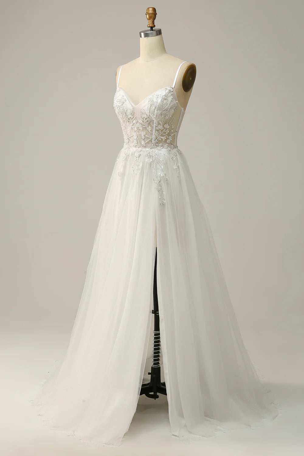 A Line Spaghetti Straps Long Bridal Dress with Appliques