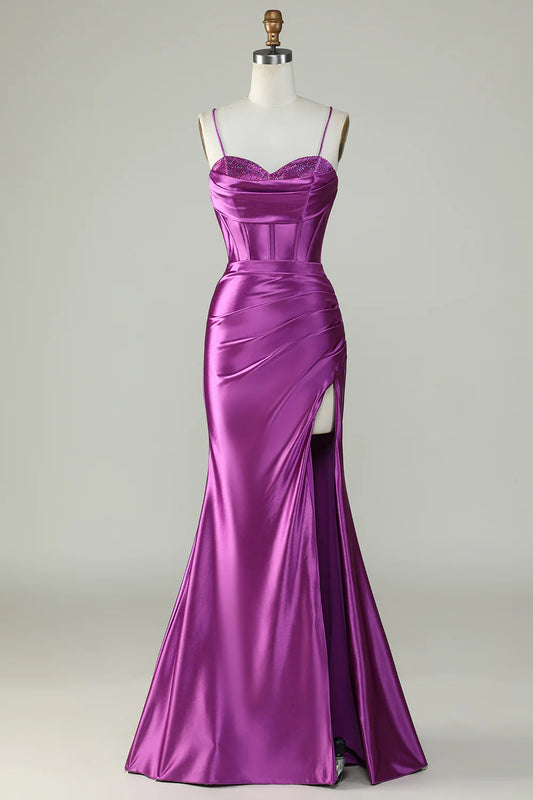 Spaghetti Straps Mermaid Long Prom Dress With Slit