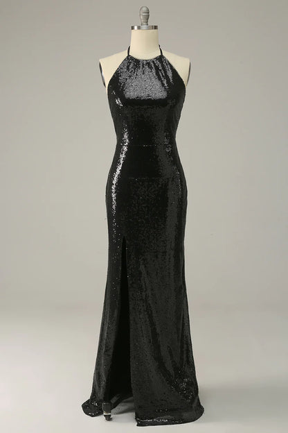 Sheath Black Sequins Plus Size Prom Dress with Open Back