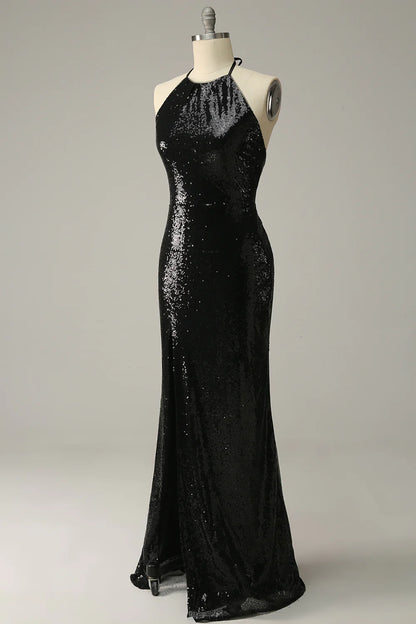 Sheath Black Sequins Plus Size Prom Dress with Open Back