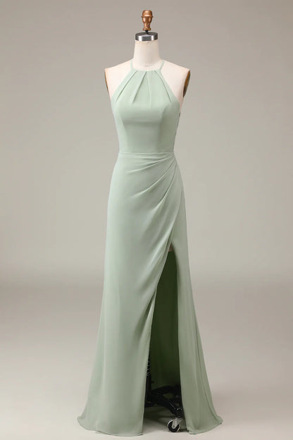 Halter Neck Sheath Pleated Bridesmaid Dress with Slit