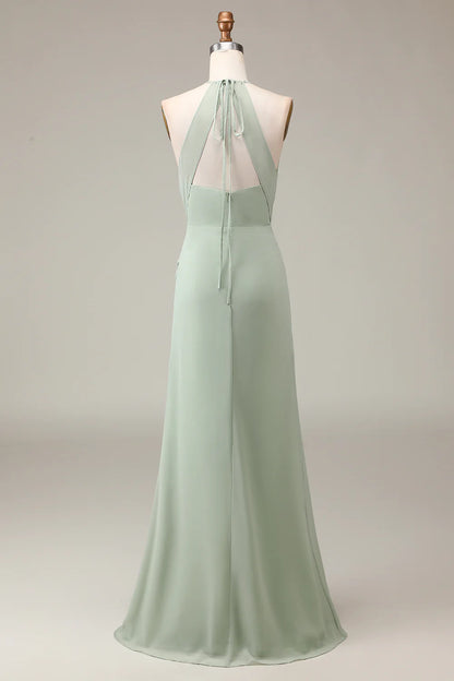 Halter Neck Sheath Pleated Bridesmaid Dress with Slit