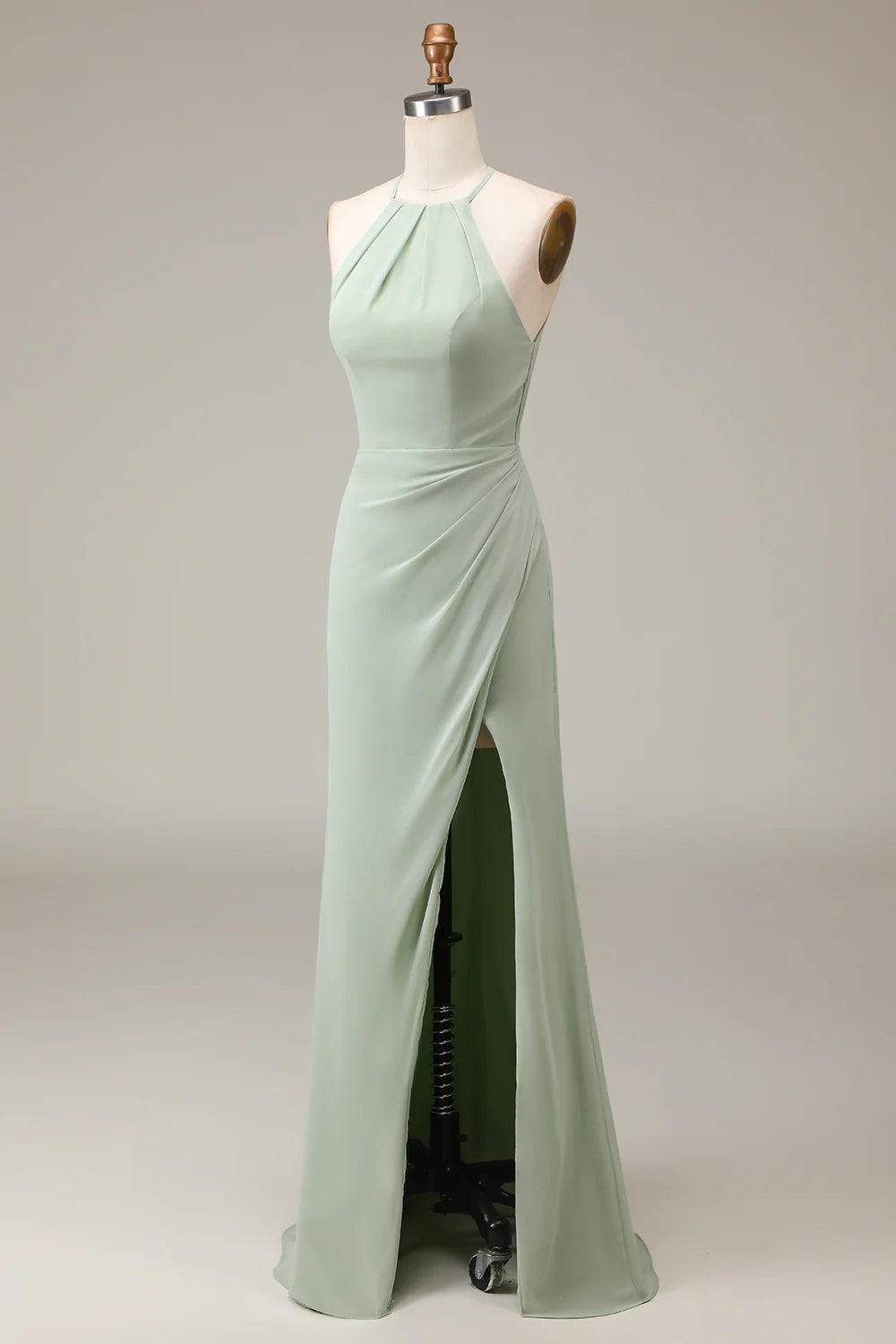 Halter Neck Sheath Pleated Bridesmaid Dress with Slit