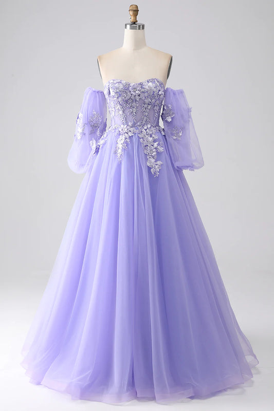 A-Line Strapless Tulle Long Prom Dress with Sleeves