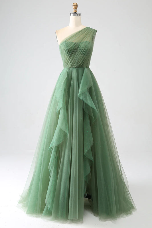 Tulle A-Line One-Shoulder Long Prom Dress