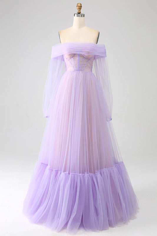 A-Line Off The Shoulder Splicing Tulle Prom Dress With Long Sleeves