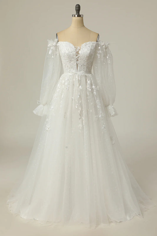 Luxurious A Line Off the Shoulder White Wedding Dress with Appliques